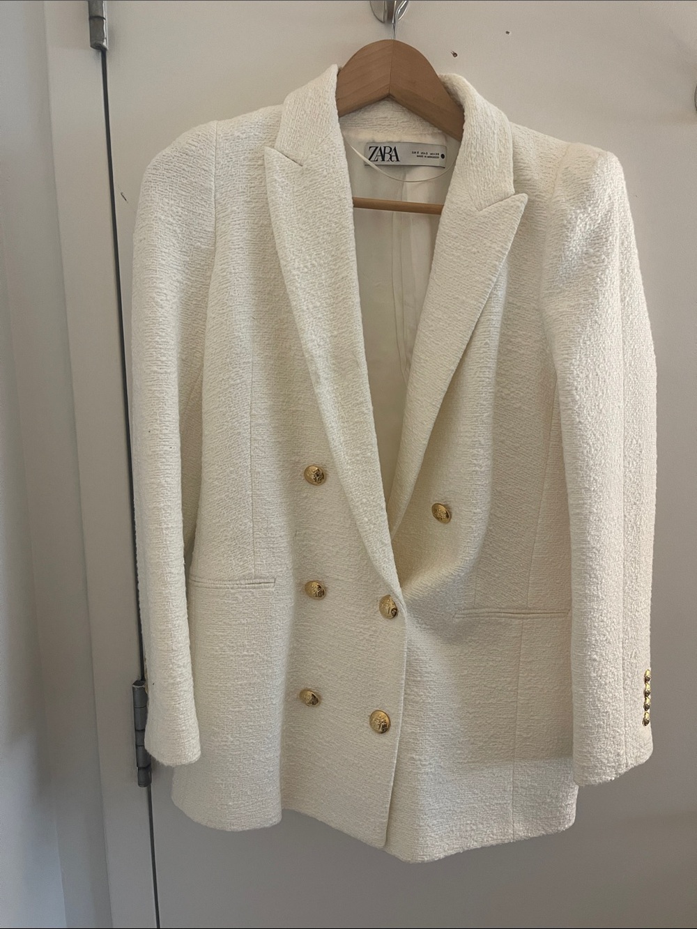 Zara Cream Double-Breasted Textured Blazer with Gold Buttons